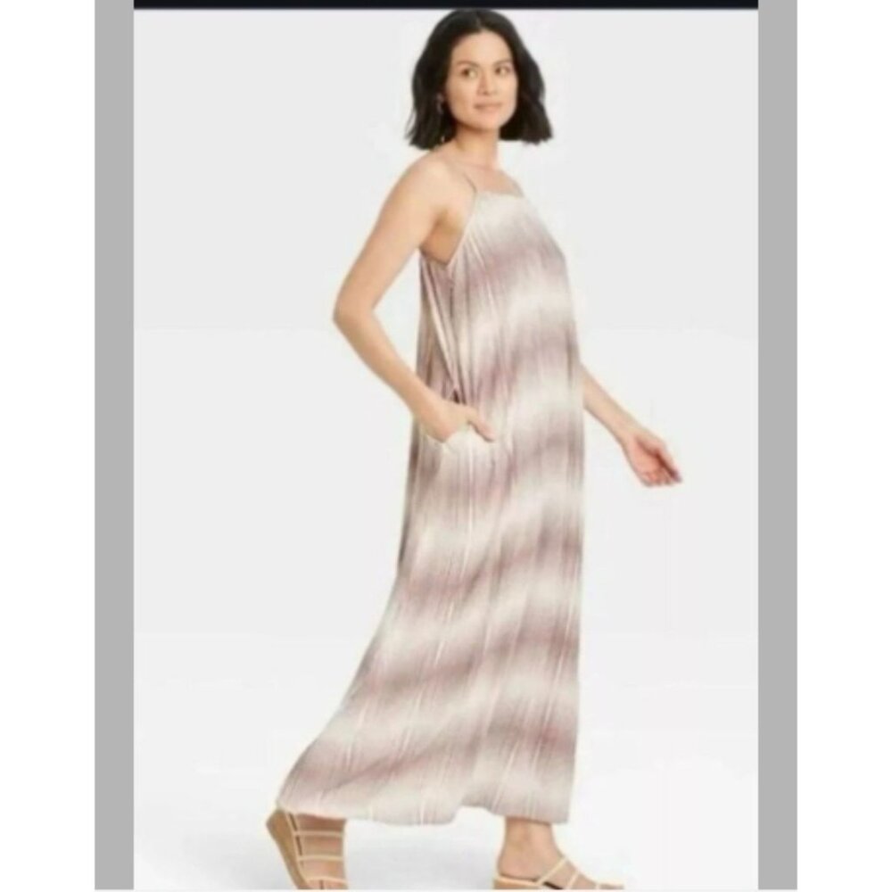 A New Day Womens Striped Rayon Maxi Dress Pockets Sleeveless Size M Casual Beach